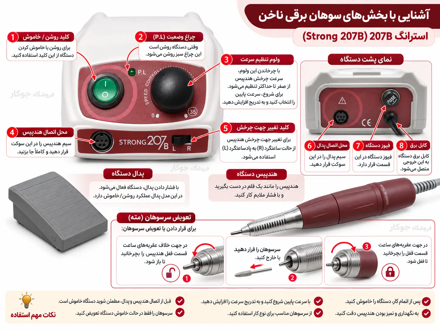 راهنمای نحوه استفاده از سوهان برقی استرانگ ۲۰۷B شامل تنظیم سرعت، اتصال هندپیس و پدال، تغییر جهت چرخش و تعویض سرسوهان